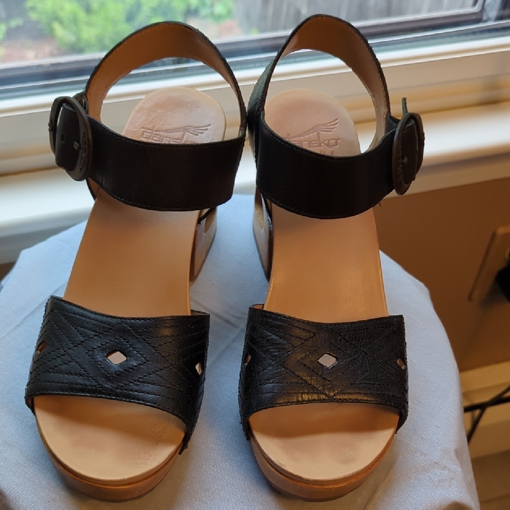 Dansko Black Leather Ankle-Strap Wedge Sandals